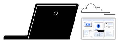 Buluta bağlı dizüstü bilgisayarı aç, grafik, video oynatıcı ve analizlerle birlikte veri panelini göster. Teknoloji, uzaktan çalışma, bulut hesaplama, veri yönetimi, iş yeniliği için ideal basit bir daire