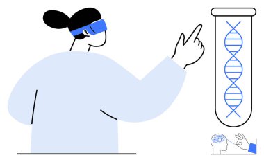 VR kulaklıklı kadın bilim adamı DNA ipliğini test tüpünde inceliyor, yenilik, araştırma ve gelecekteki teknolojiyi temsil ediyor. Biyoteknoloji, genetik, sağlık, laboratuvar yeniliği, sanal