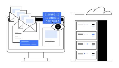 Computer displaying emails, binary code, and data being reviewed, alongside cloud-connected servers. Ideal for digital communication, cybersecurity, data storage, cloud technology, IT solutions clipart svg vector 
