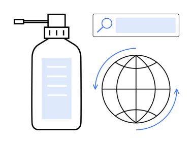 Pompalı hijyen ürünü şişesi, oklu dünya ikonu ve arama çubuğu sağlığı, sürdürülebilirliği ve dijital bilgiyi ön plana çıkarıyor. Temiz teknoloji, sağlık, hijyen ve sürdürülebilirlik için ideal