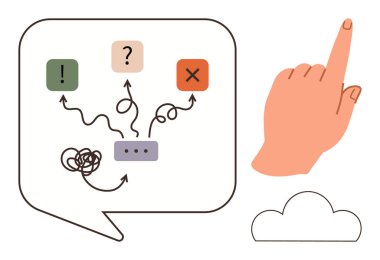 X simgelerini birbirine bağlayan konuşma baloncukları, birbirine dolanmış çizgiler ve yukarıyı gösteren eller. Karar verme, problem çözme, tercihler, rehberlik, iletişim beyin fırtınası ve basitlik için idealdir. Basit.