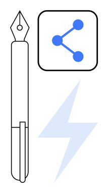Ağ paylaşım simgesi ve yıldırımın yanında dolmakalem, yaratıcılığı, yeniliği, bağlantıyı ve iletişimi sembolize eder. Tasarım, yazım, teknoloji, eğitim ekibi çalışması için ideal