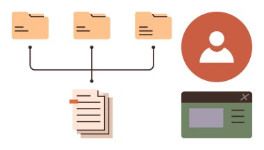 Bilgi organizasyonunu vurgulayan üç bağlı dizin, istiflenmiş belgeler, kullanıcı profili simgesi ve pencere arayüzü. İş akışı optimizasyonu, dökümantasyon, kullanıcı profili, veri depolama için ideal