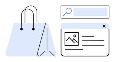 Alışveriş çantası, arama barı ve ürün kartlı web sayfası düzeni. E-ticaret, alışveriş, perakende, arama kavramları, gezinti, dijital pazarlama sade iniş sayfası için ideal