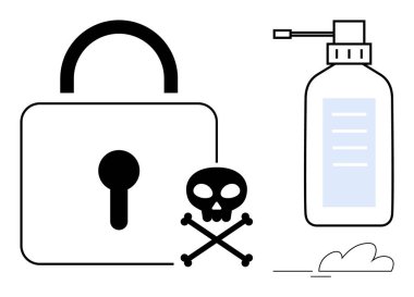 Asma kilit, güvenlik, kafatası ve çapraz kemikler tehlikeyi simgeler ve sprey şişesi de hijyen veya kimyasalları simgeler. Siber güvenlik, güvenlik, kimyasallar, dezenfeksiyon, risk, sağlık tehlikeleri için ideal