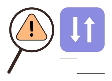 Turuncu üçgende, yukarı ve aşağı okların yanında büyüteç işaretleri. Risk analizi, veri akışı, sistem hatası, sorun çözme, siber güvenlik, problem çözme, basit