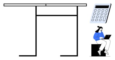 Doğrusal masa, büyük hesap makinesi ve dizüstü bilgisayarda çalışan kadın odaklanmayı, hesaplamayı, çalışmayı, çalışmayı, organizasyonu, mali yönetimi, işi ve eğitimi ön plana çıkarıyor. Modern verimlilik için ideal.
