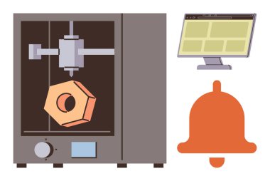Geometrik nesne üreten 3D yazıcı, ekran görüntüleme arayüzü, turuncu çan uyarıları sembolize ediyor. Üretim, yenilik, teknoloji, alarmlar, iş akışı, otomasyon için ideal