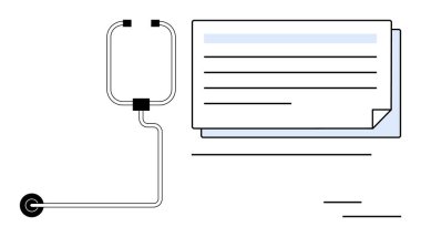 Stetoskop, teşhisi, tıbbi kayıtları, sağlık teknolojisini ve hasta verilerini sembolize eden belgelere bağlı. İlaç, tele sağlık, sağlık izleme, tanı, kayıt yönetimi için ideal