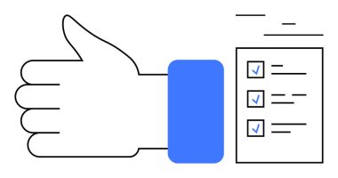 Mavi işaretli dikey kontrol listesinin yanında el işaretleri var. Üretkenlik, başarı, onay, değerlendirme, takım çalışması, proje yönetimi, basit iniş sayfası