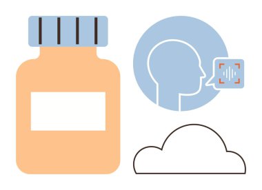 Üzerinde boş etiket olan ilaç şişesi, ses teknolojili insan profili ve bulut taslağı. Sağlık teknolojisi, tıbbi veriler, bulut depolama, yapay zeka, ses testi, reçeteler, dijital sağlık hizmetleri için ideal