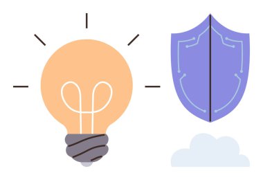 Parlayan ışınlı ampul ve devre tasarımlı kalkan yaratıcılığı, yeniliği, güvenliği ve dijital korumayı çağrıştırıyor. Teknoloji, yenilik, siber güvenlik, koruma ve beyin fırtınası için ideal.