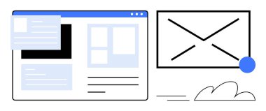 Uyarı noktası olan, iletişimi, e-postayı, mesajlaşmayı, dijital içeriği paylaşmayı temsil eden büyük bir zarf simgesinin yanında web sayfası düzeni. Ağ oluşturma, organizasyon, üretkenlik ve web sitesi için ideal
