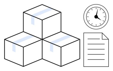 Kutular dolusu bant, analog saat ve sevkiyatı, teslim tarihlerini, görev planlamasını ve belgeleri simgeleyen bir belge. Lojistik, zaman yönetimi, organizasyon depo teslimatı için ideal