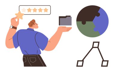 Bir yıldız ve klasör tutan adam karar vermeyi, kaliteyi veya organizasyonu sembolize eder. Küresel bulmaca küresel işbirliğini vurguluyor. Ağaç diyagramı yapısal planlamayı iletir. Takım çalışması için ideal