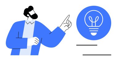 Parlayan bir ampul ikonuna bakan adam, yeniliği ve yeni fikirleri sembolize ediyor. Yaratıcılık, beyin fırtınası, ilham, eğitim, girişimler, iş stratejisi, basit iniş sayfası için ideal