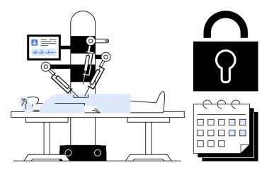 Tıbbi monitörü olan bir hastaya robotik kollar ameliyat yapıyor, veri güvenliği için kilitleniyor ve takvim ayarlanıyor. Sağlık, teknoloji, yenilik, güvenlik, ameliyat ve yapay zeka için ideal
