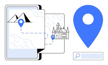 Dağlardan kaleye giden yolu gösteren GPS haritalı dijital tablet, mavi lokasyon iğneleri, büyük işaret simgesi ve arama çubuğu. Seyahat, seyrüsefer, turizm, keşif, uygulama rota planlaması için ideal