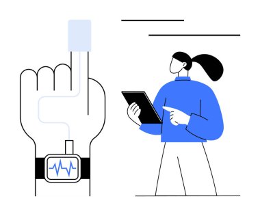 Takılabilir sağlık cihazı ve nabız sensörü olan bir el dijital tablet kullanan bir uzman tarafından inceleniyor. Sağlık teknolojisi, teletıp, yenilik, giyilebilir trendler, fitness, akıllı aygıtlar için ideal