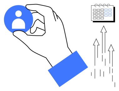 Profil simgesi seçiliyor, planlama için takvim, büyüme için yukarı doğru oklar. İşe alım, kariyer planlaması, liderlik, takım oluşturma, planlama, basit düz metaforun takibi için ideal.