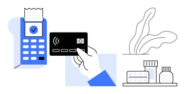 Posta terminalinde faturayla el ile temas kurulamaz kart ödemesi yapılıyor. İlaç ve haplarla dolu rafın yanında. Teknoloji, alışveriş, eczane, sağlık, perakende, ödeme süreci için ideal