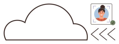 Bulut çizgisi, yeşil tikli kullanıcı profili simgesi ve yükleme için ok göstergeleri. Veri yönetimi, bulut bilgisayarı, kullanıcı erişimi, kişisel depolama, çevrimiçi güvenlik, basit uygulamalar için ideal