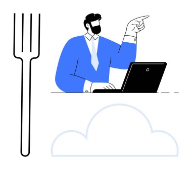 Büyük bir çatal ve bulut diyagramı ile işaret ederken dizüstü bilgisayarda çalışan profesyonel bir adam. Takım çalışması, üretkenlik, karar verme, iş çözümleri, teknoloji, bulut hesaplama, basit