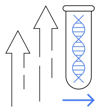 DNA ipliği yukarı doğru ok ve ileri ok ile test tüpünün içinde gelişmeyi, büyümeyi ve yeniliği simgeliyor. Bilim, biyoteknoloji, araştırma, teknoloji, ilerleme ve keşif için ideal