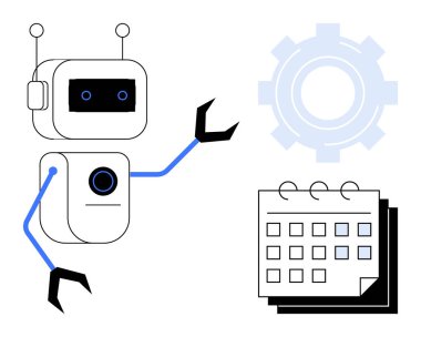 Takvimde mekanik kolları olan dost canlısı bir robot, otomasyon, verimlilik ve planlama, bir dişlinin yanında. Teknoloji, zamanlama, robotik, otomasyon verimliliği için ideal
