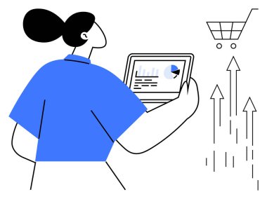 Bir tablette veri görselleştirmeleri üzerinde çalışan bir kadın, e-ticaret büyümesine odaklanıyor. Alışveriş arabası ve yukarı bakan oklar ilerlemeyi, iş başarısını ve dijital analizi vurguluyor. Pazarlama için ideal