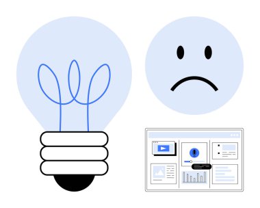 Fikirleri sembolize eden ampul, meydan okumalar için üzgün yüz ve dijital araçları temsil eden gösterge paneli. Yaratıcılık, problem çözme, duygular, teknoloji, başlangıç yenilik işi için idealdir. Basit.