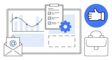 Veri noktalarının grafiği, pano, zarf, evrak çantası, dişli dişli dişli dişli dişli dişli dişli ve baş parmak ikonu üzerinde kontrol listesi. Üretkenlik, iş akışı, analitik takım çalışması iletişimi için ideal basit iniş sayfası