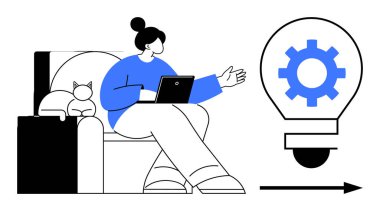 Kanepede oturup dizüstü bilgisayar kullanan, fikirleri tartışırken el kol hareketi yapan, vitesli ampul, yenilik ve ilerleme getiren bir kadın. Takım çalışması, yenilik, yaratıcılık, beyin fırtınası, teknoloji için ideal