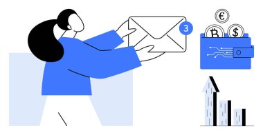 Kadının e-postası ve uyarısı var. Şifreli bozuk paralar ve yukarı doğru grafiklerle dolu bir cüzdan. Finans, iletişim, teknoloji, kripto para birimi, e-posta hizmetleri, fintech, basit iniş sayfası için ideal