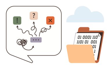 Ünlem, soru ve dijital çöp kutusunun yanında ikili kodla işaretlenmiş oklarla konuşma baloncuğu. Sorun çözme, karar verme, iletişim, bulut depolama için ideal