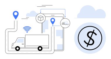 GPS işaretleri, kablosuz bağlantı ve dolar işareti olan planlı bir rotada bir kamyon. Ulaşım, filo yönetimi, teslimat, navigasyon, lojistik verimlilik maliyet takibi için ideal. Basit düz