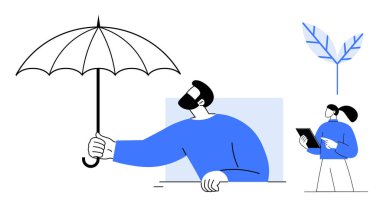 Erkek şemsiyesini koruyucu bir jest olarak uzatıyor ve kadın da tabletten yaprak motifli kitap okuyor. Sigorta, koruma, takım çalışması, yenilik, cihaz kullanımı, eko-odaklı, basit iniş sayfası için ideal