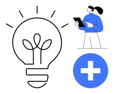 Bitki tasarımlı ampul, tablet tutan kadın, tıbbi haç ikonu. Yenilik, yaratıcılık, sağlık, teknoloji, eğitim, büyüme ekip çalışması için ideal basit bir iniş sayfası
