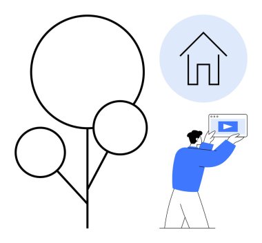 Yuvarlak şekilli stilize bir ağaç dijital içerik oynatıcı tutan bir adam ve mavi daireli bir ev sembolü. Teknoloji, çevre, konut, eğitim, dijital medya, sürdürülebilirlik için ideal basit