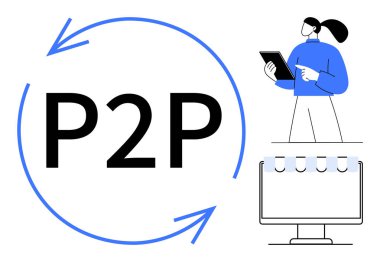 Dairesel oklarla P2P işlemi, tablet kullanan bir kişi ve bilgisayar monitörü. Ağ oluşturma, işbirliği, veri paylaşımı, dijital yenilik, uzak çalışma, çevrimiçi platformlar için ideal basit iniş