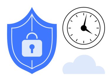 Kilitli mavi kalkan, analog duvar saati, ve bulut görselleştirme veri güvenliği, zaman yönetimi ve bulut hesaplaması. Siber güvenlik, gizlilik, bulut depolama, güvenilirlik teknolojisi için ideal