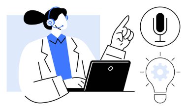 Kulaklık takan bir kadın dizüstü bilgisayar kullanıyor ve mikrofon, dişli ve ampul ikonlarının yanında güven içinde el kol hareketi yapıyor. Müşteri hizmetleri için ideal, teknolojik çözümler, beyin fırtınası, yenilik, yapay zeka