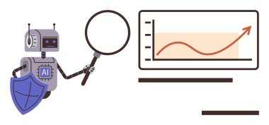 Yapay zeka rozetli robot, elinde kalkan tutarken büyüteç kullanarak büyüme grafiğini inceliyor. Teknoloji, analitik, veri güvenliği, büyüme, yenilik, yapay zeka, akıllı çözümler için ideal