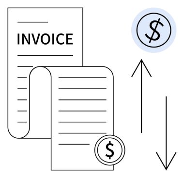 Dolar işaretli fatura belgeleri, yukarı ve aşağı nakit akışını veya ödeme yönünü gösteren oklar. Finans, muhasebe, fatura, fatura, işlem, ticaret ve ödeme için ideal