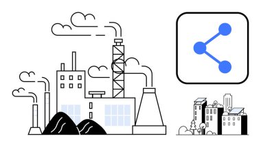 Bacaları duman çıkaran fabrika kompleksi, binaları olan küçük şehir manzarası, bağlantı simgesi. Endüstri için ideal, teknoloji, çevre, yenilik, kentleşme, bağlantı sade iniş