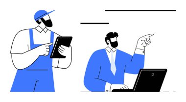 Tabletli teknisyen, dizüstü bilgisayarın başında ofis çalışanı ile görevleri tartışıyor. Takım çalışması, iletişim, rehberlik, liderlik, işbirliği, planlama, iş akışı için ideal. Basit.