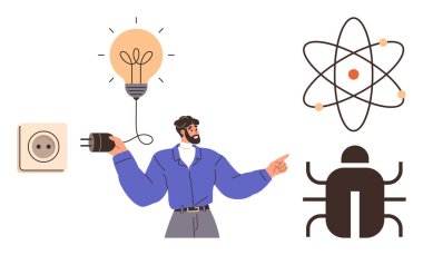 Ampule bağlanan, atomu ve teknoloji böceği sembolünü gösteren bir fiş tutan adam. Yenilik, yaratıcılık, bilim, enerji, problem çözme teknolojisi için idealdir. Mantık odaklı kavramlar. Basit düz