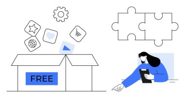 Ücretsiz dijital uygulama simgeleri, bulmaca şekilleri ve tablet, kişiselleştirme sembolleri, takım çalışması, yenilik, teknoloji, çevrimiçi araçlar, tasarım ve basit iniş sayfası kullanan kadın kutusunu aç