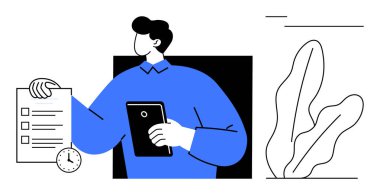 Tablet ve kontrol listesini elinde tutan kişi saat ile görevleri, organizasyonu ve zamanı vurguluyor. İş planlama, proje yönetimi, verimlilik, teslim tarihleri çoklu görev verimliliği için idealdir. Düz