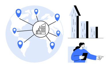 Yer işaretleyicili dünya haritası, merkezi iş merkezi simgesi, yükselen ok çubuğu grafiği, tabletli takım planlayıcısı. Lojistik, büyüme, strateji, küresel ticaret, genişleme süreci için ideal basit
